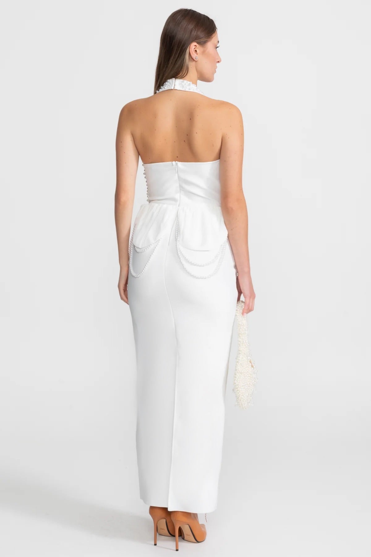 Embellished Halter Maxi Dress With Gathered Peplum Detail – White - View 5