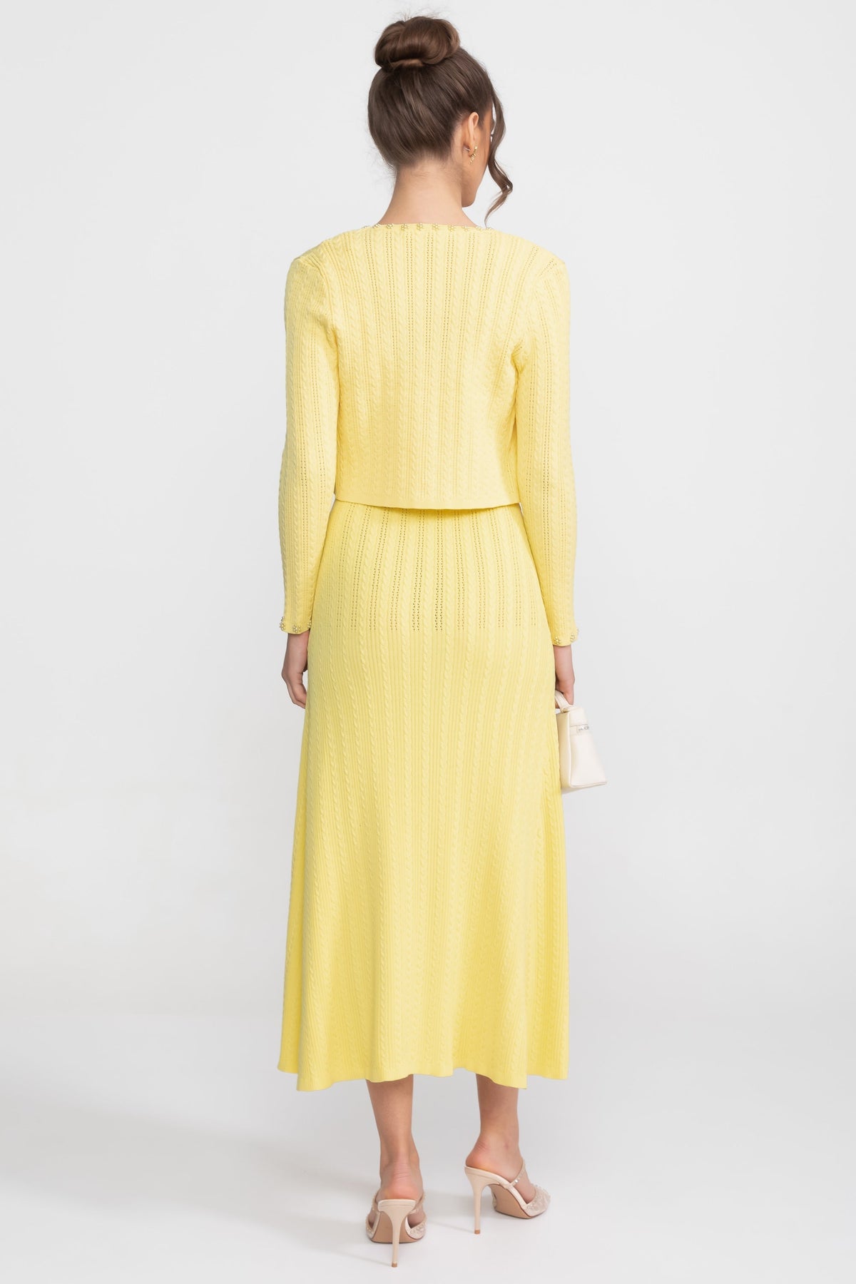 Ribbed Pointelle Pearl Button Cropped Cardigan Sleeveless Midi Dress Two-Piece Set - View 10