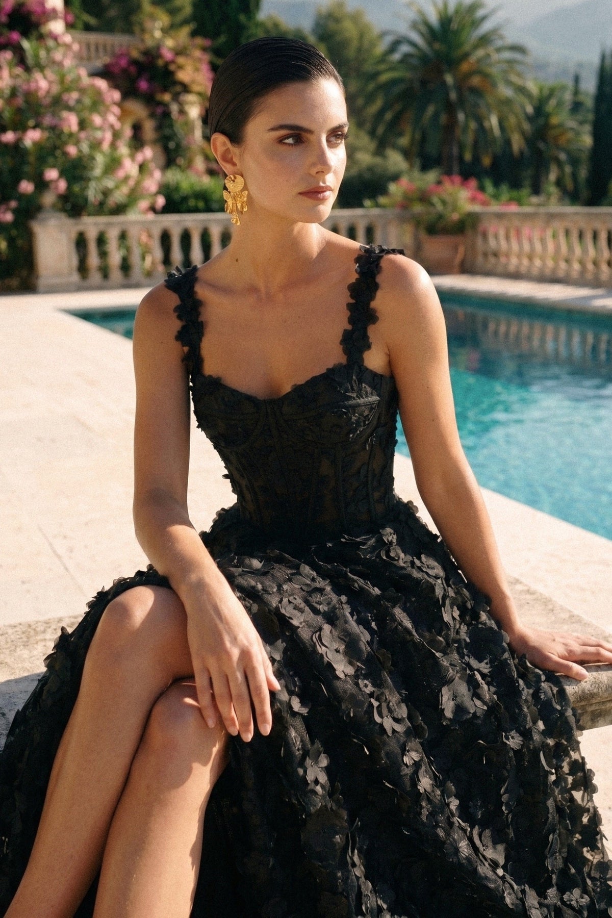 Floral Appliqué Maxi Dress With Corset Bodice - Black - View 2