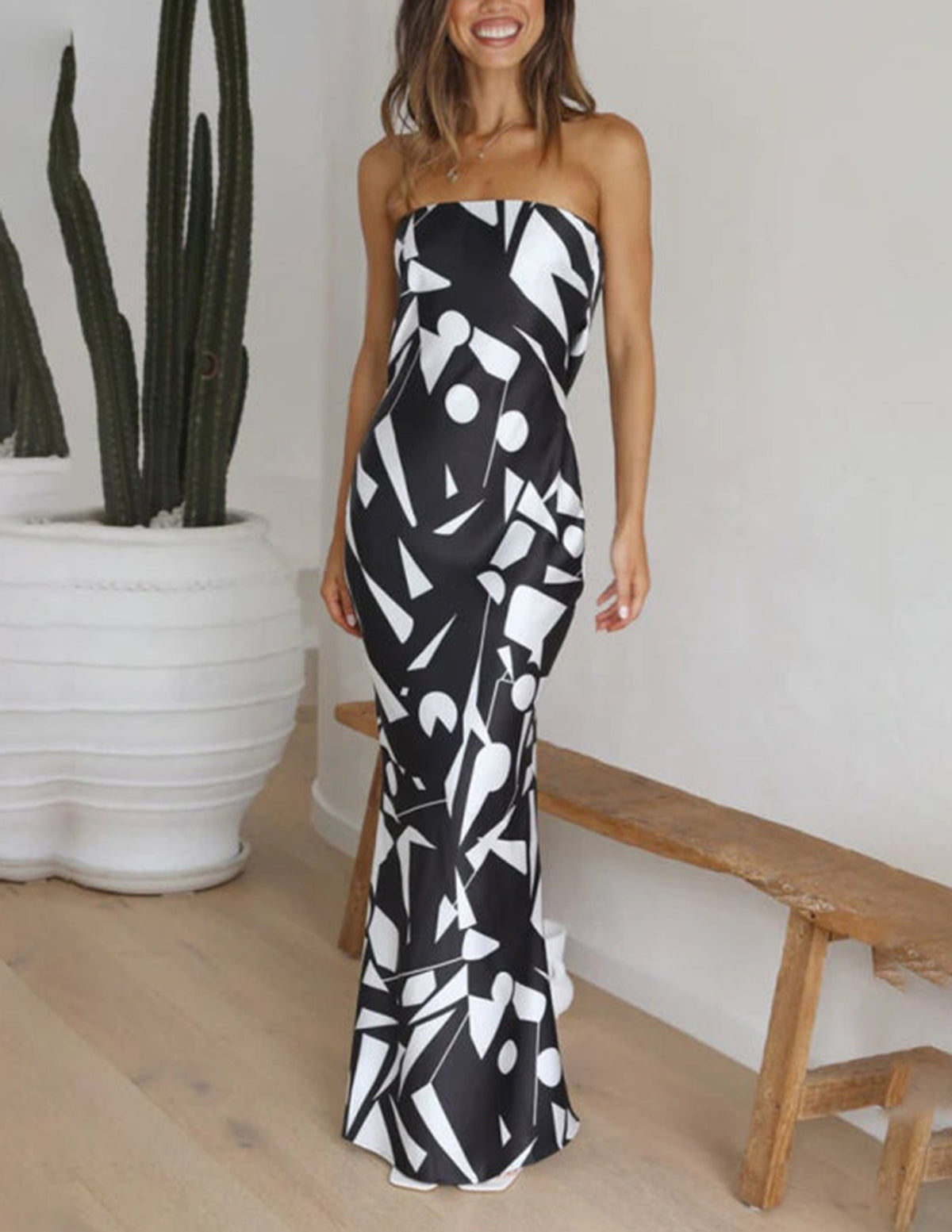 Satin Geometric Print Off Shoulder Maxi Dress - View 6