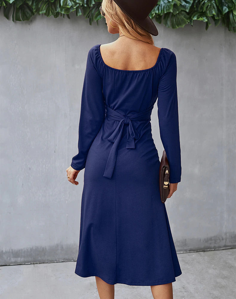 Square Neck Long Sleeve Ruched Fit and Flare Midi Dress 6