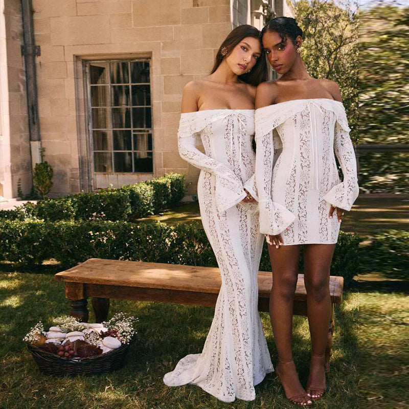 Off Shoulder Lace Bell Sleeve Ribbon Tie Bodycon Mini Dress - View 7
