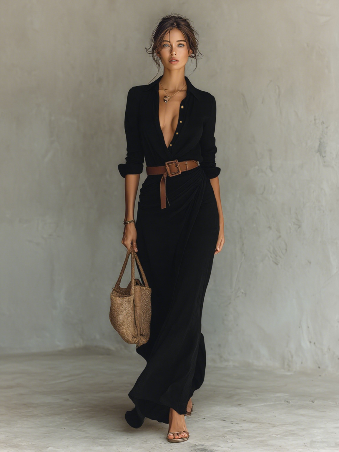 Collared Long Sleeve Ruched Wrap Maxi Shirt Dress 7