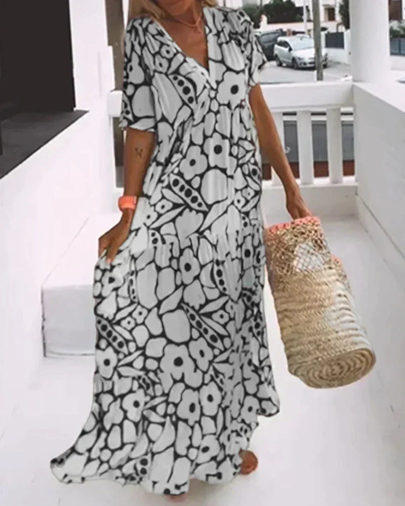 Abstract Floral Print V-Neck Flutter Sleeve Tiered Maxi Dress 8