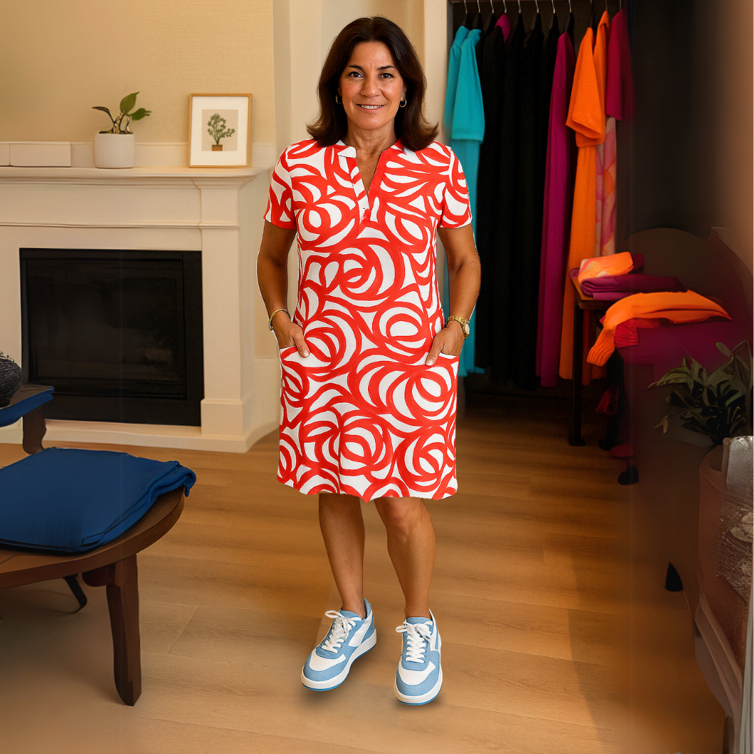 Abstract Print Split Neck Short Sleeve Pocket Shift Dress 3