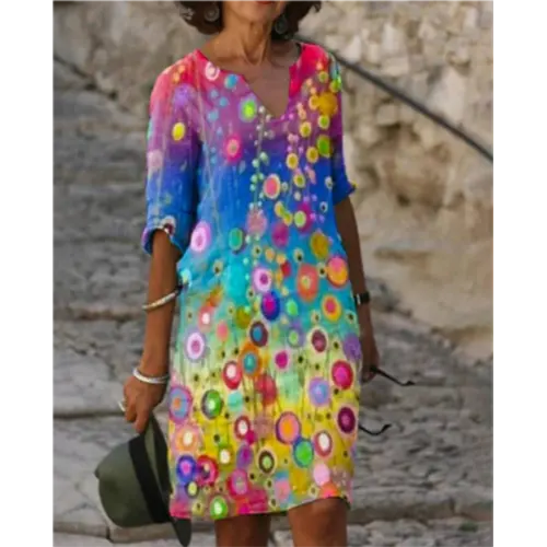 V-Neck Three Quarter Sleeve Relaxed Fit Knee Length Shift Dress - View 12