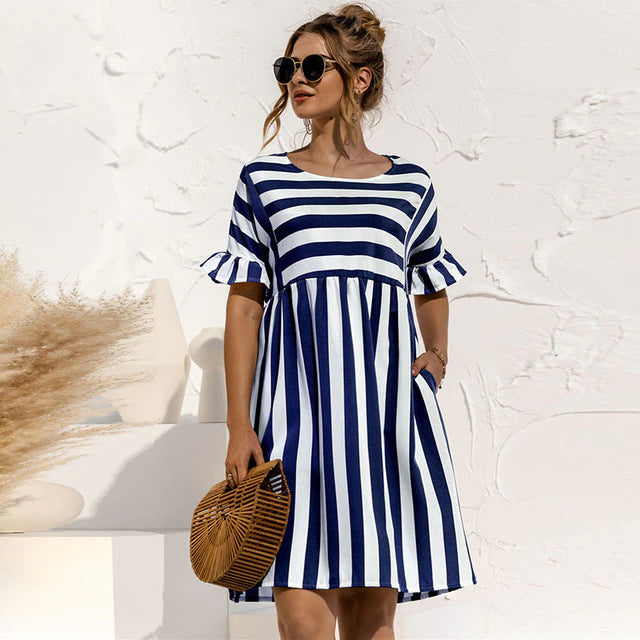 Striped Ruffle Short Sleeve High Waist Empire Mini Dress - View 7