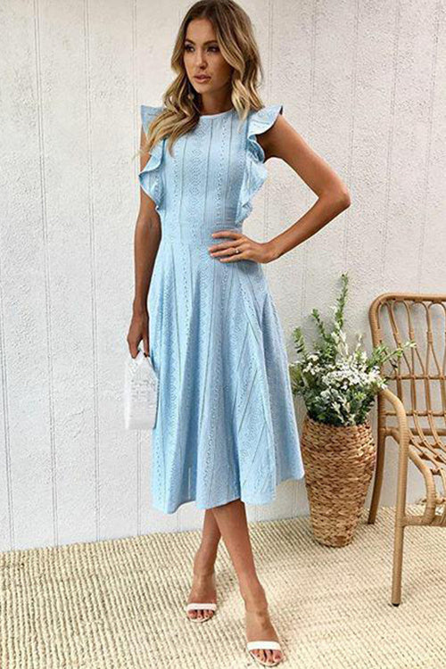 Eyelet Ruffle Sleeve Crew Neck Fit and Flare Midi Dress 7