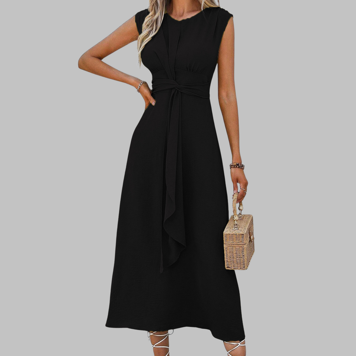 Sleeveless Round Neck Tie Waist A-Line Midi Dress 7