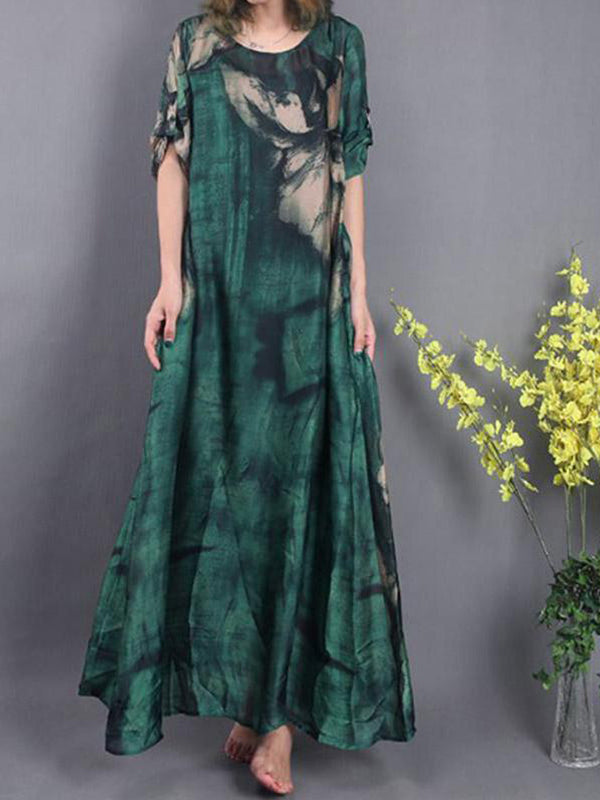 Abstract Print Oversized Round Neck Short Sleeve A-Line Maxi Dress - View 3