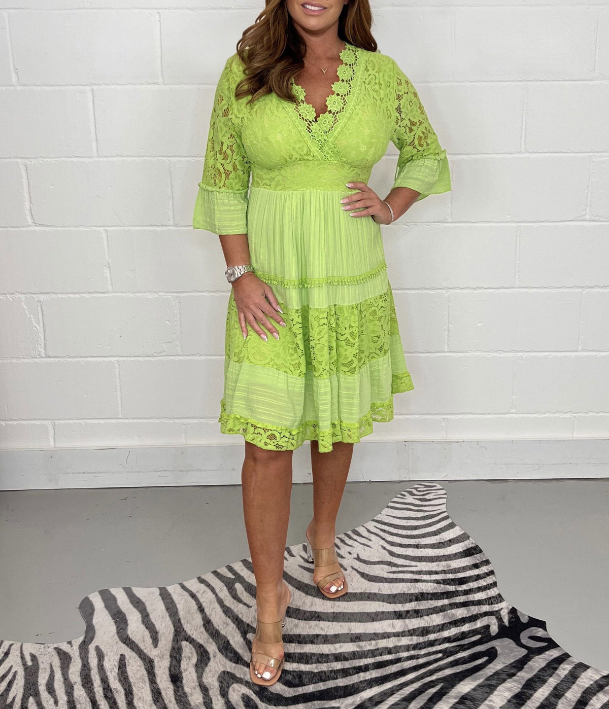 Floral Lace Deep V-Neck Bell Sleeve Tiered Knee Length Dress - View 2
