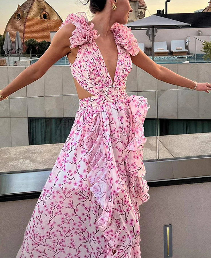 Ruffle Split Lace-up Floral Dress