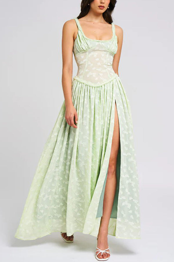 Garden Elf Lace Jacquard Textured Square Neck High Slit Maxi Dress - View 9