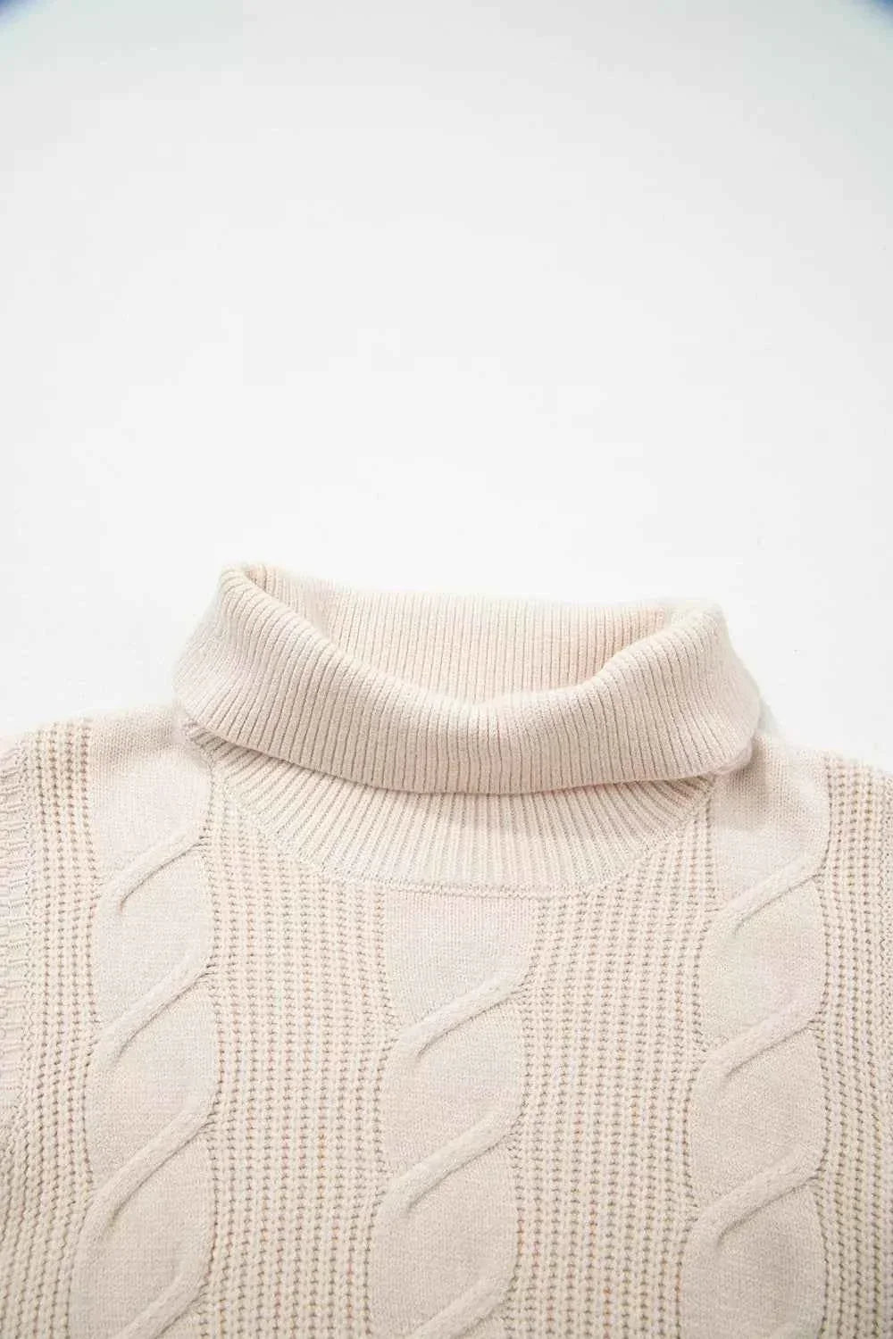 Cable Knit Turtleneck Ruffled Short Sleeve Sweater