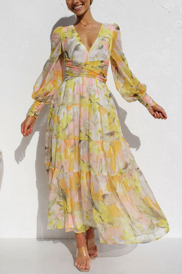Abstract Floral Print Deep V-Neck Bishop Sleeve Tiered Maxi Dress