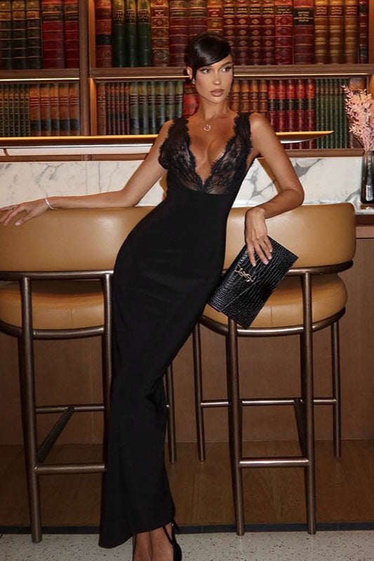 Deep V-Neck Lace Bodycon Dress