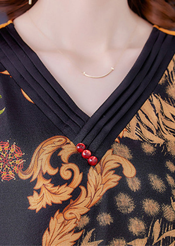 Ornamental Floral Print V-Neck Cap Sleeve Piped Shift Midi Dress - View 5