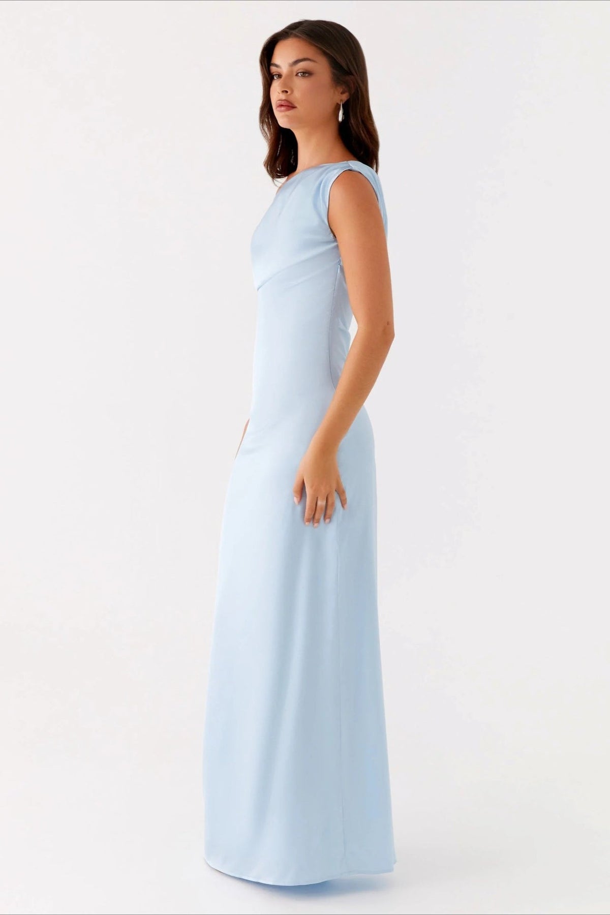 Satin Asymmetric One Shoulder Ruched Maxi Gown - View 6