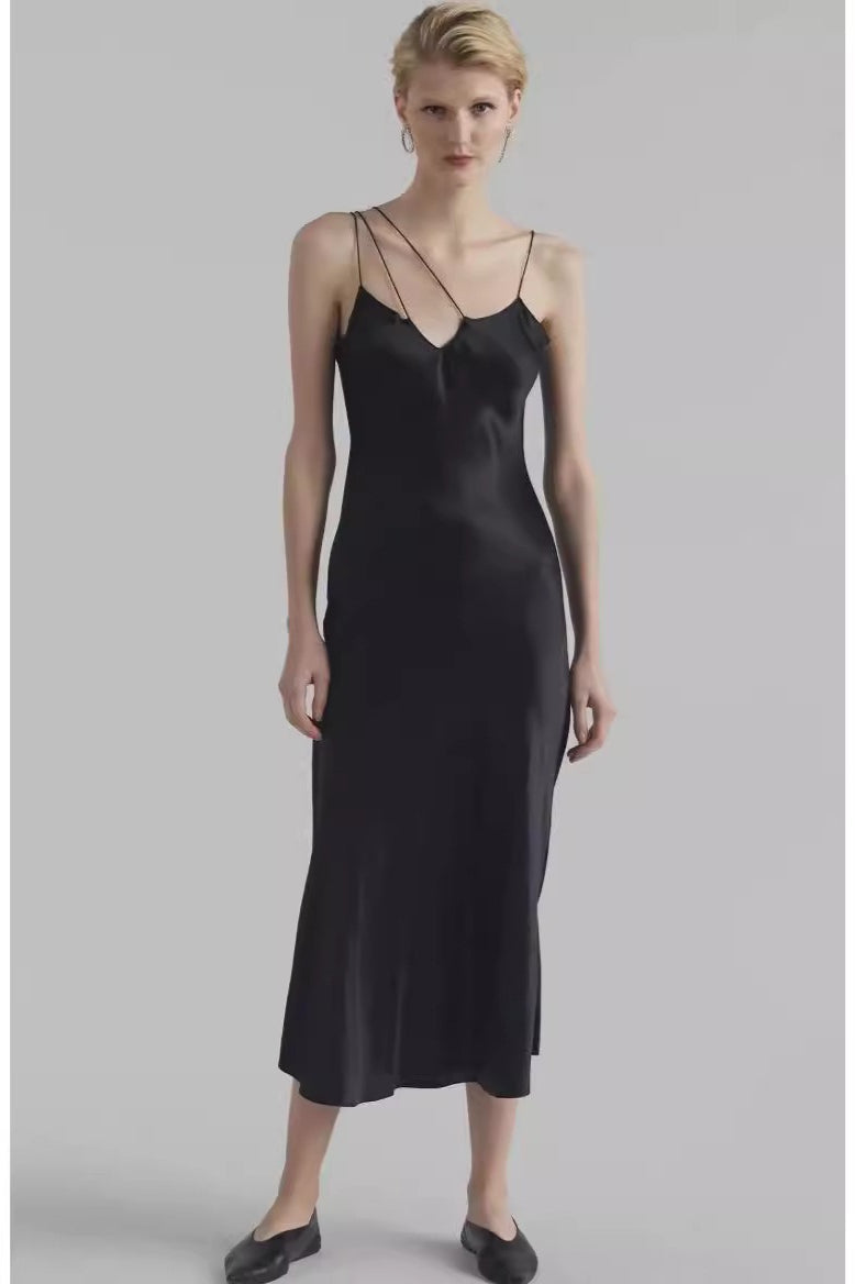 Satin Asymmetrical Spaghetti Strap Cut Out Slip Midi Dress - View 3