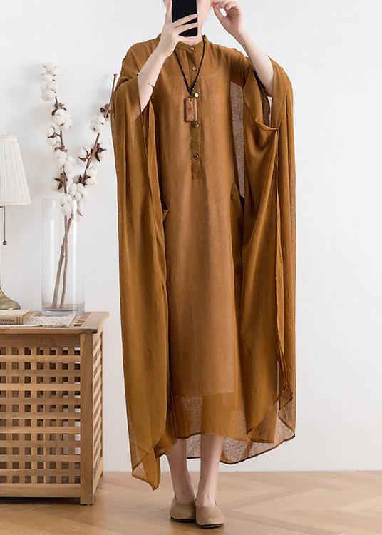 Batwing Sleeve Band Collar Button Front Patch Pocket Kaftan Maxi Dress - View 3