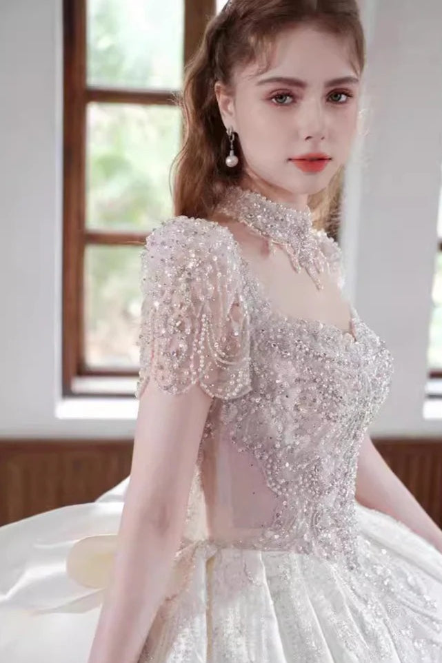 Sequin Beaded Mock Neck Puff Sleeve Cathedral Train Ball Gown - View 3