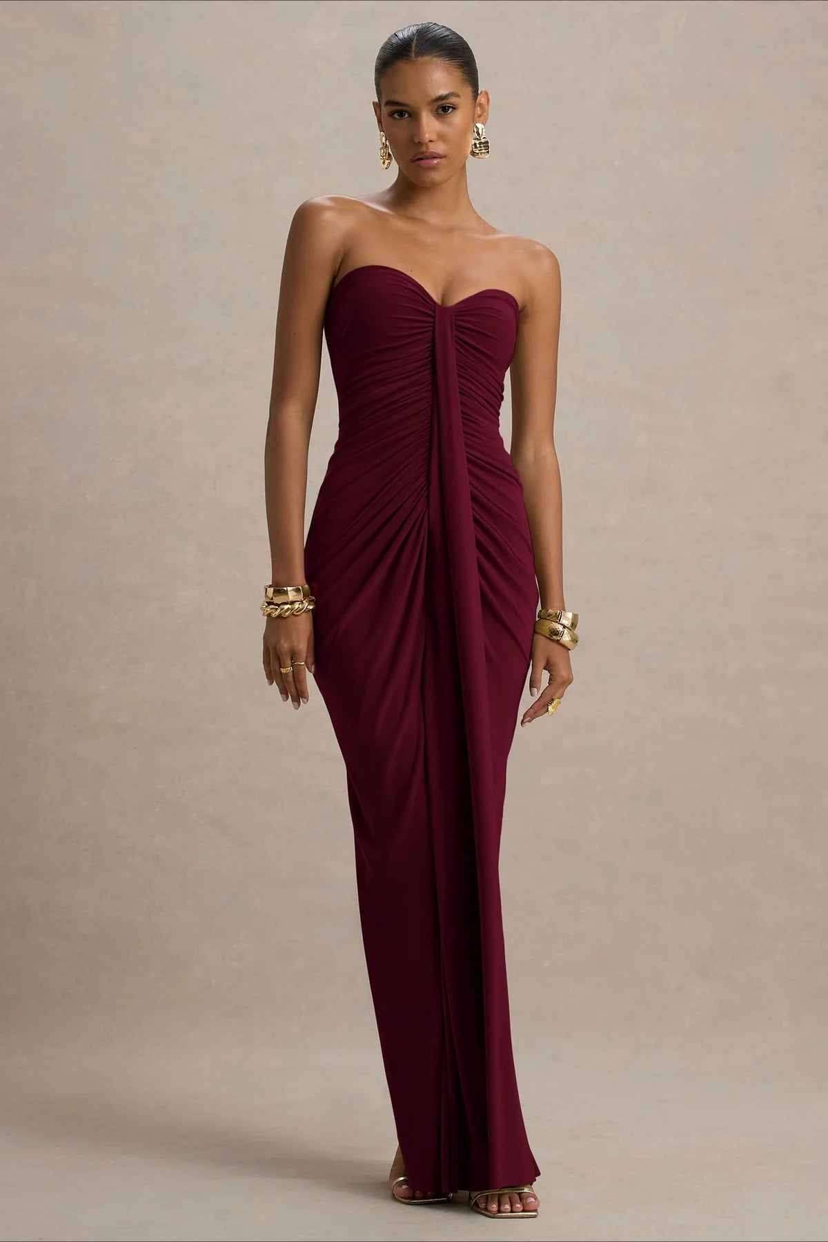 Strapless Sweetheart Ruched Center Drape Panel Column Maxi Formal Gown - View 2