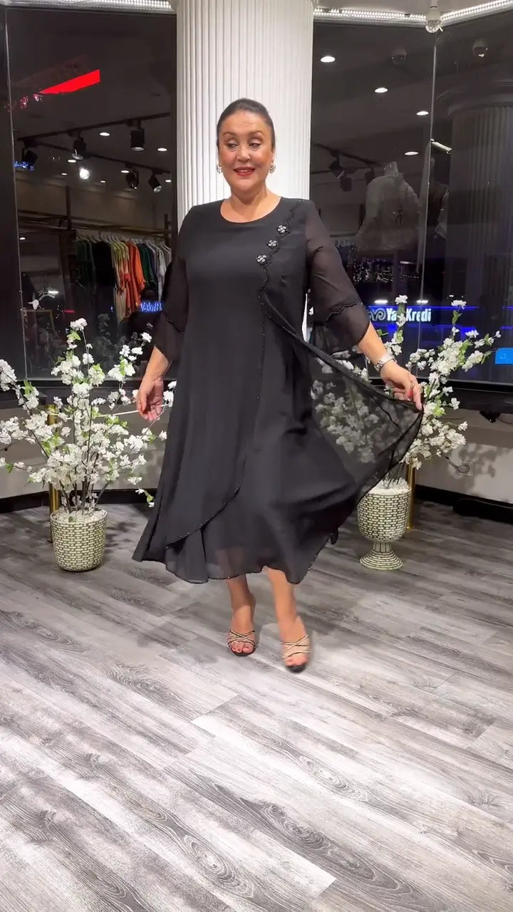 Crew Neck Three Quarter Sleeve Floral Applique A-Line Midi Dress - View 8