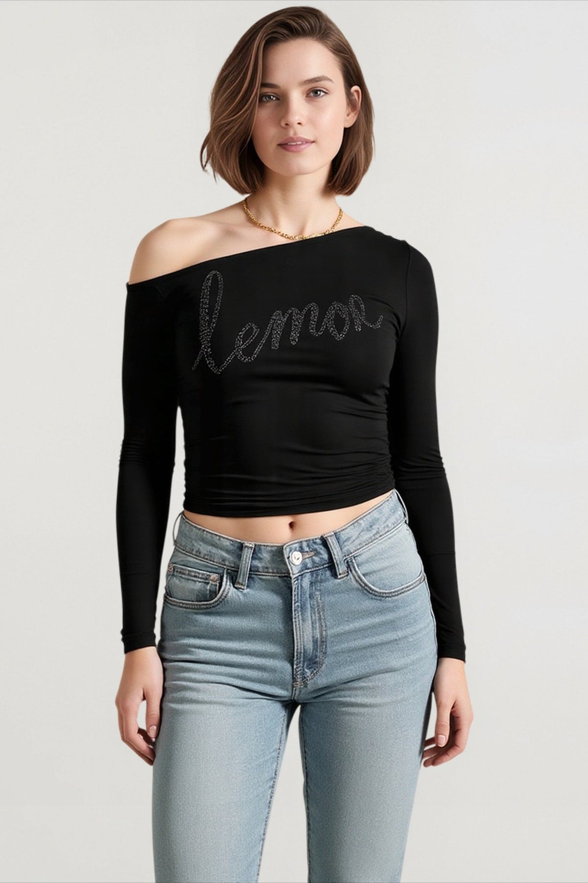 One Shoulder Long Sleeve Rhinestone Graphic Crop Top 4