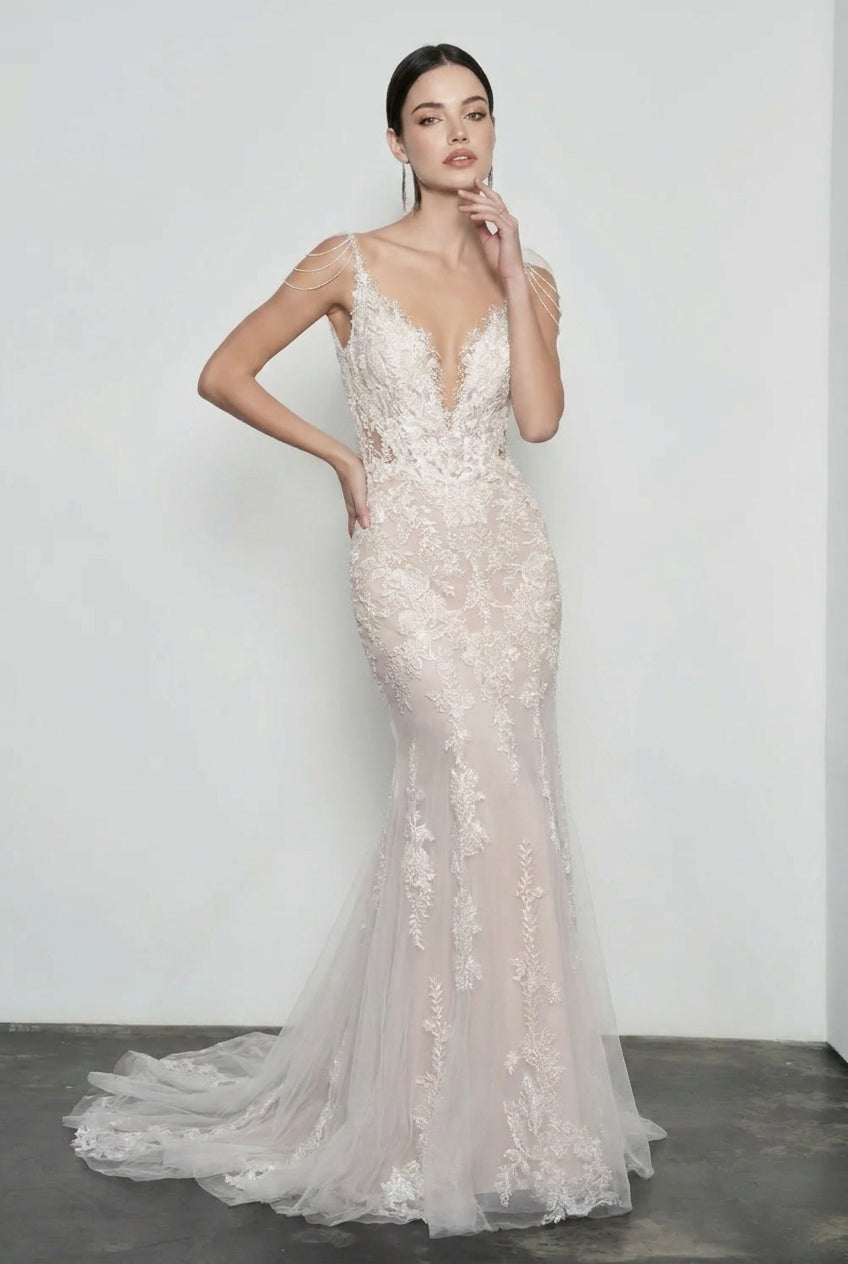 Deep V-Neck Floral Lace Beaded Strap Mermaid Gown 3