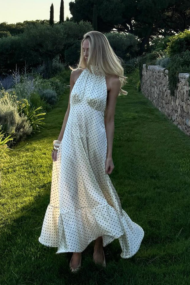French Style Polka Dot Satin Backless Silk Dress - View 2