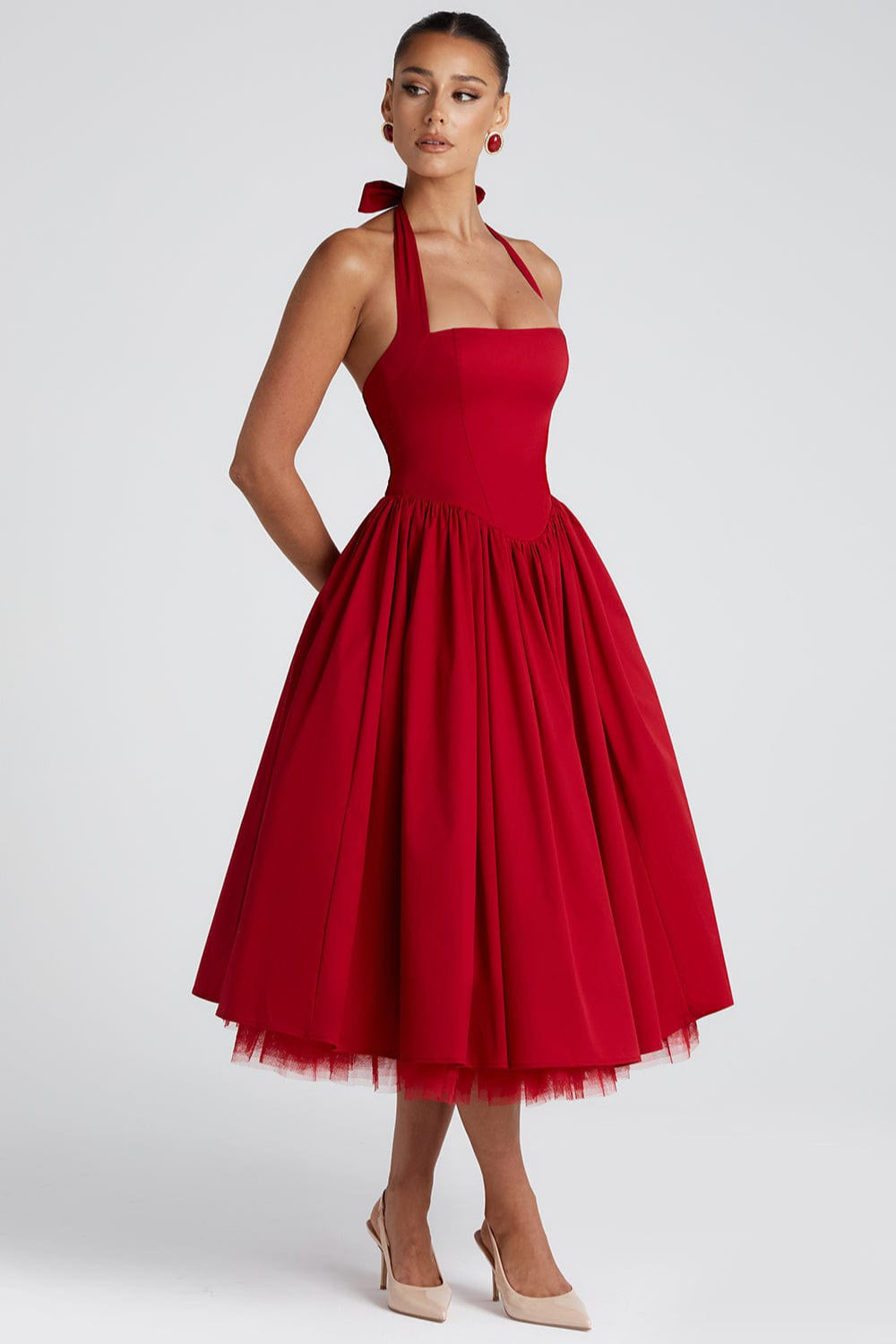 Halter Neck Basque Waist Pocket Gathered A-Line Midi Party Dress - View 11