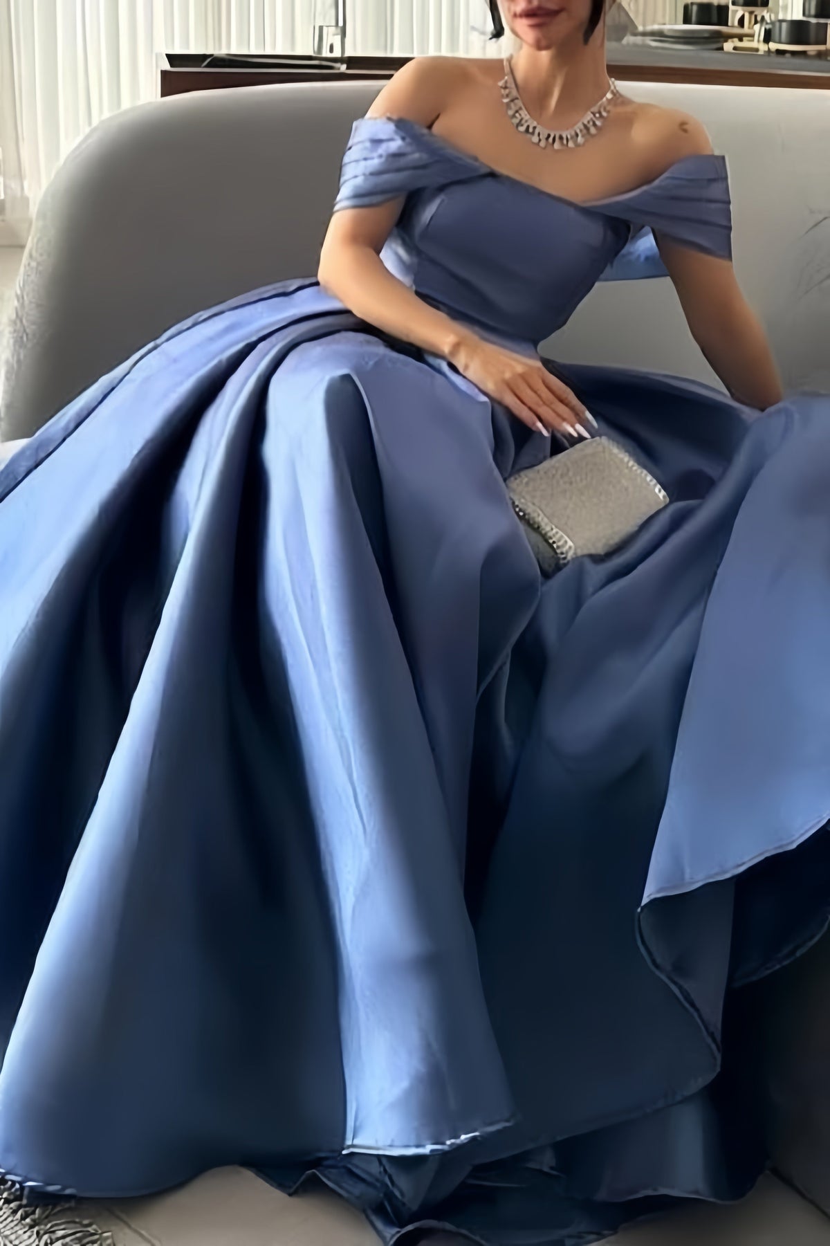 Satin Off Shoulder Pleated Ball Gown - View 3