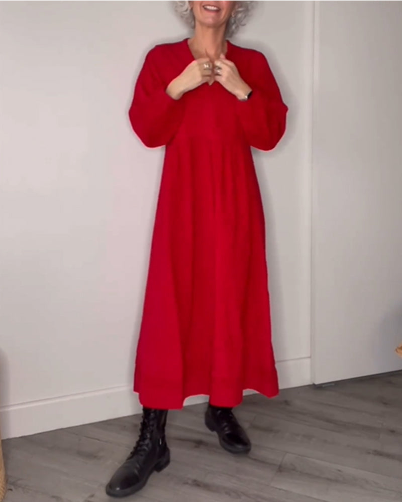 Deep V-Neck Bishop Sleeve Empire Waist Smock Linen Look Maxi Dress