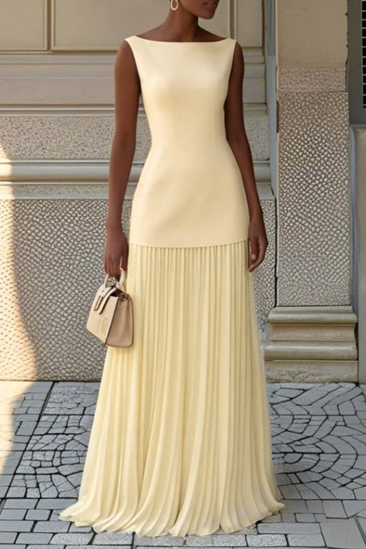 Boat Neck Sleeveless Dropped Waist Pleated Maxi Dress in White - View 2