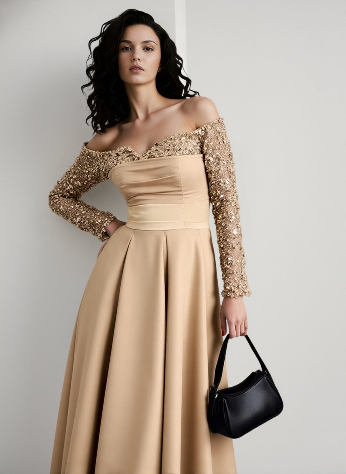 Off Shoulder Long Sleeve Beaded Sleeve Satin A-Line Gown 2