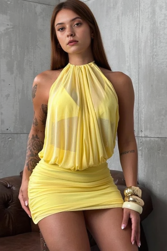 Halter-Neck Sheer Mesh Bodycon Mini Dress