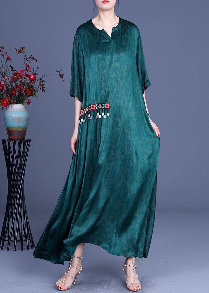 Stand Collar Wide Sleeve Floral Embroidery Coin Charm Maxi Dress