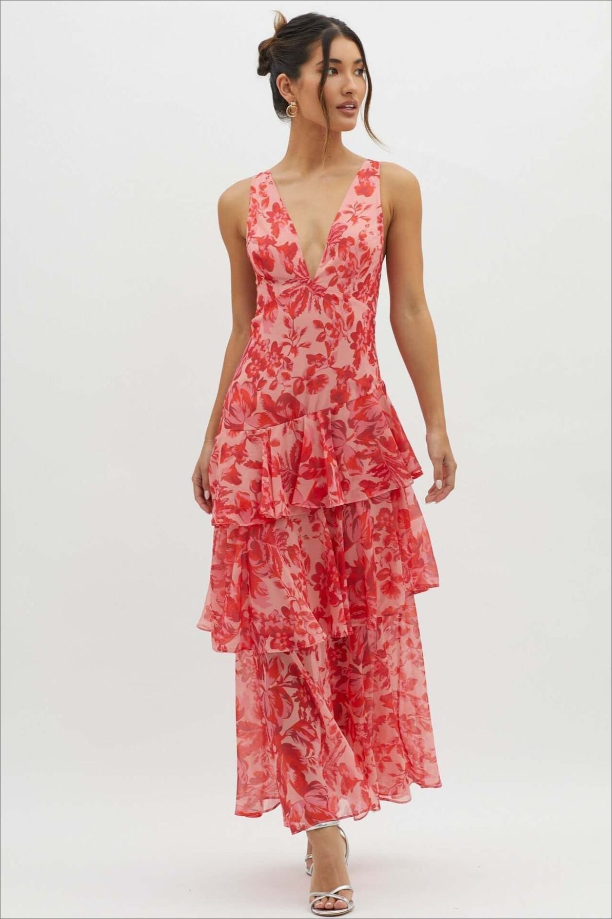 Floral Deep V-Neck Sleeveless Tiered Ruffle Chiffon Maxi Dress - View 6