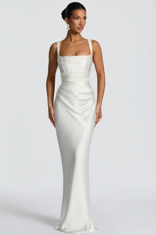Square Neck Ruched Satin Bodycon Mermaid Dress - View 14