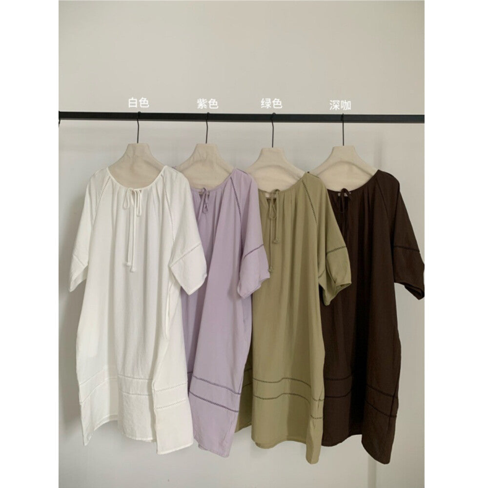 Short Sleeve Drawstring Loose Midi Dress