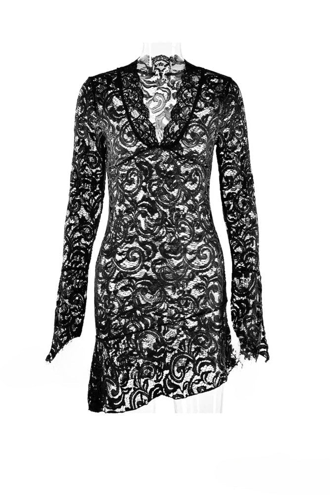 Lace Deep V-Neck Bell Sleeve Asymmetric Ruffle Hem Bodycon Mini Dress - View 11