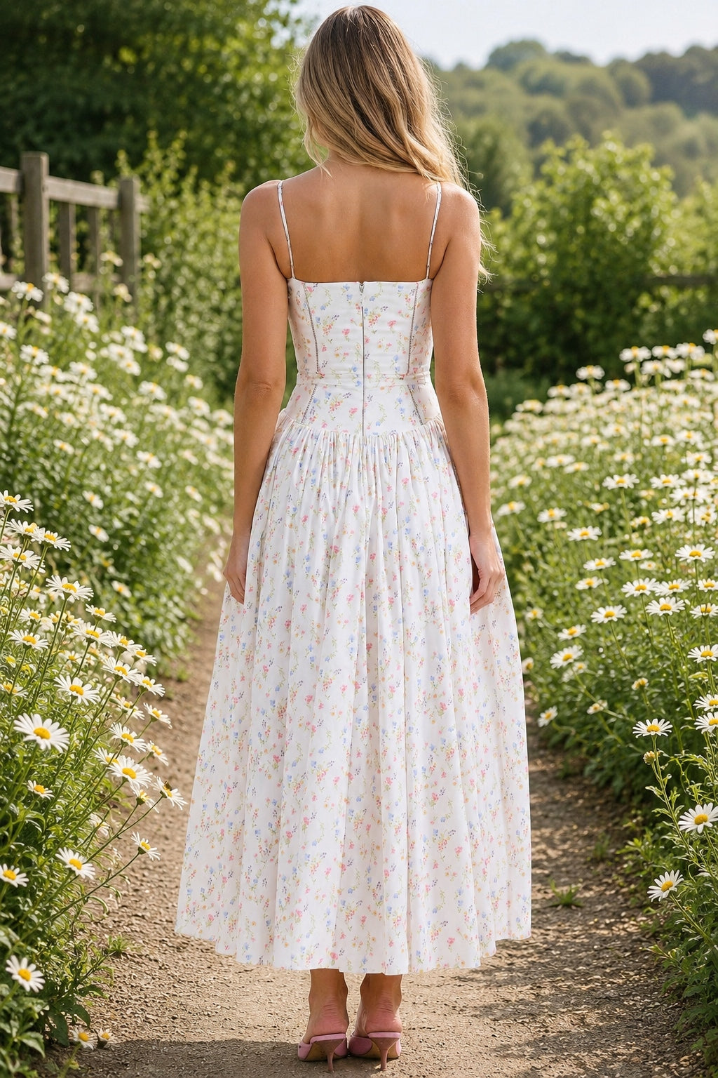 Square Neck Floral Corset Bodice Full Skirt Midi Dress 4