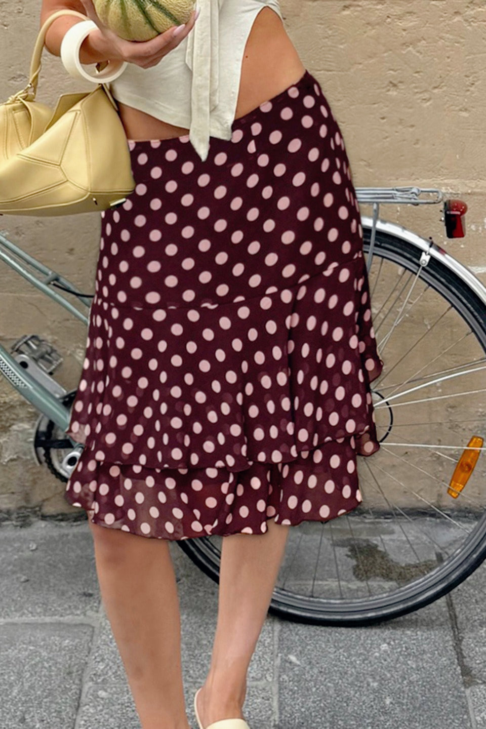Polka Dot Knit Sheer Panel Midi Skirt