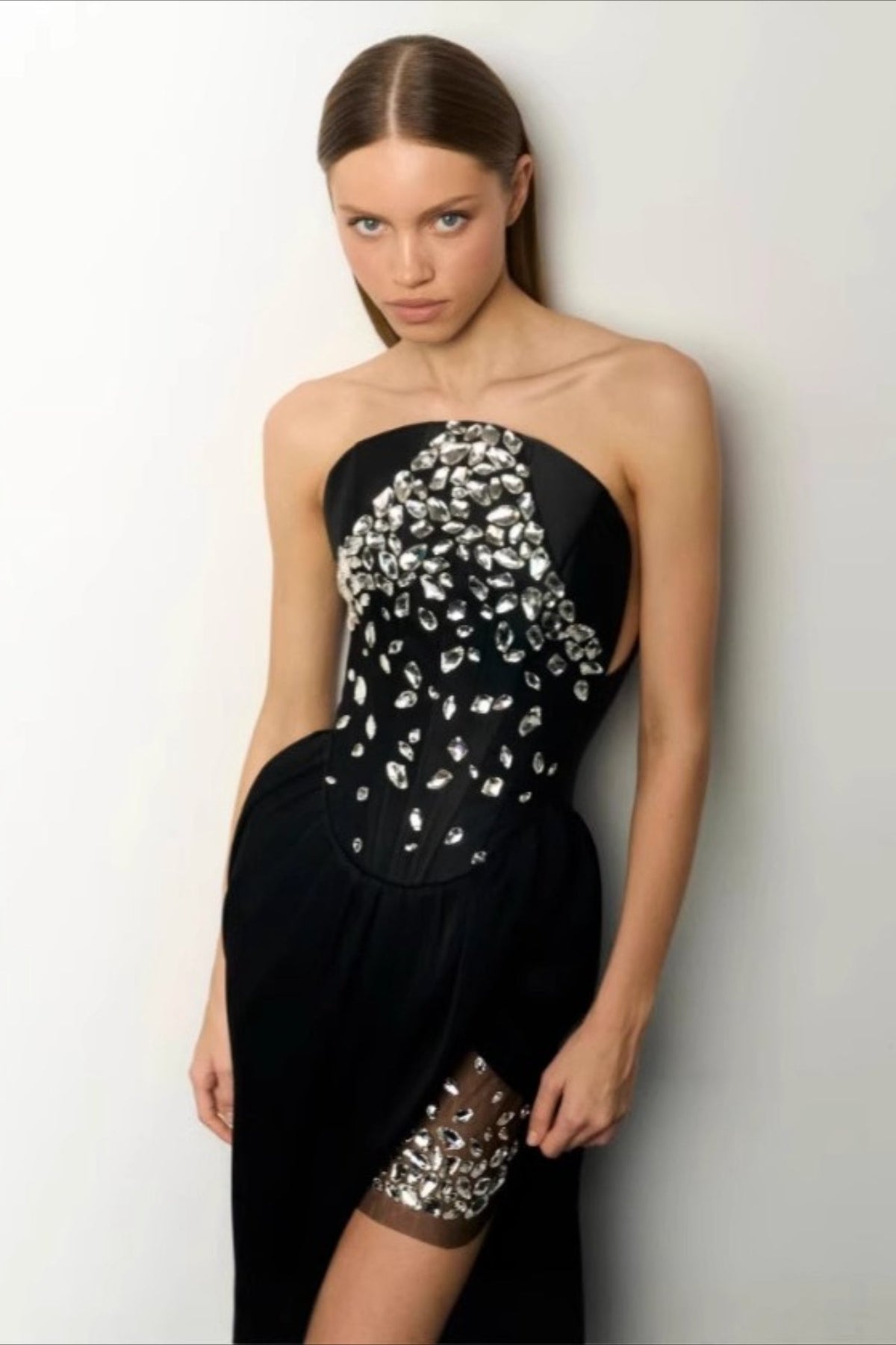 Crystal Embellished Strapless Corset High Split Mini Dress - View 4