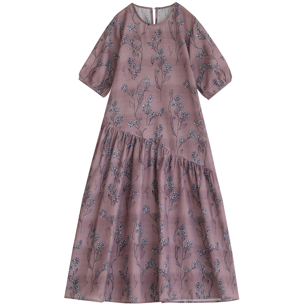 Floral Print Round Neck Short Puff Sleeve Asymmetrical Midi Dress - View 5