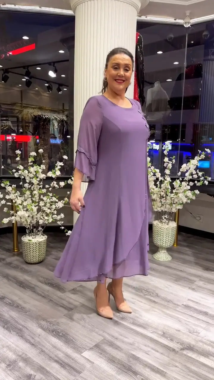 Crew Neck Three Quarter Sleeve Floral Applique A-Line Midi Dress - View 11