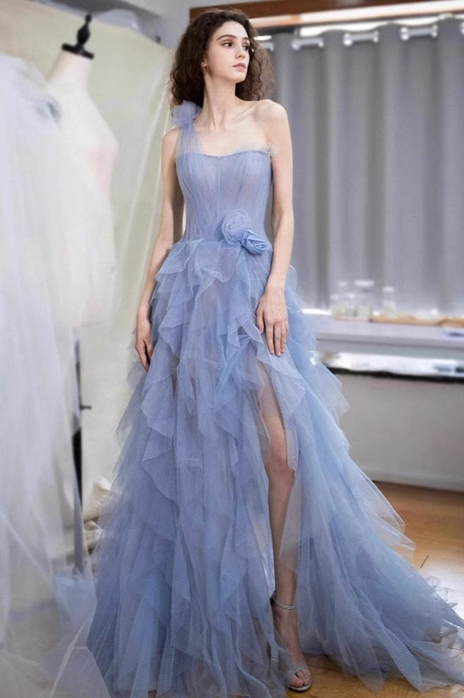 Tulle One Shoulder Bustier Tiered Ruffle Gown - View 5
