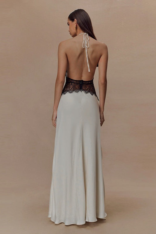 Satin Halter Deep V-Neck Lace Trim Backless Maxi Dress - View 5