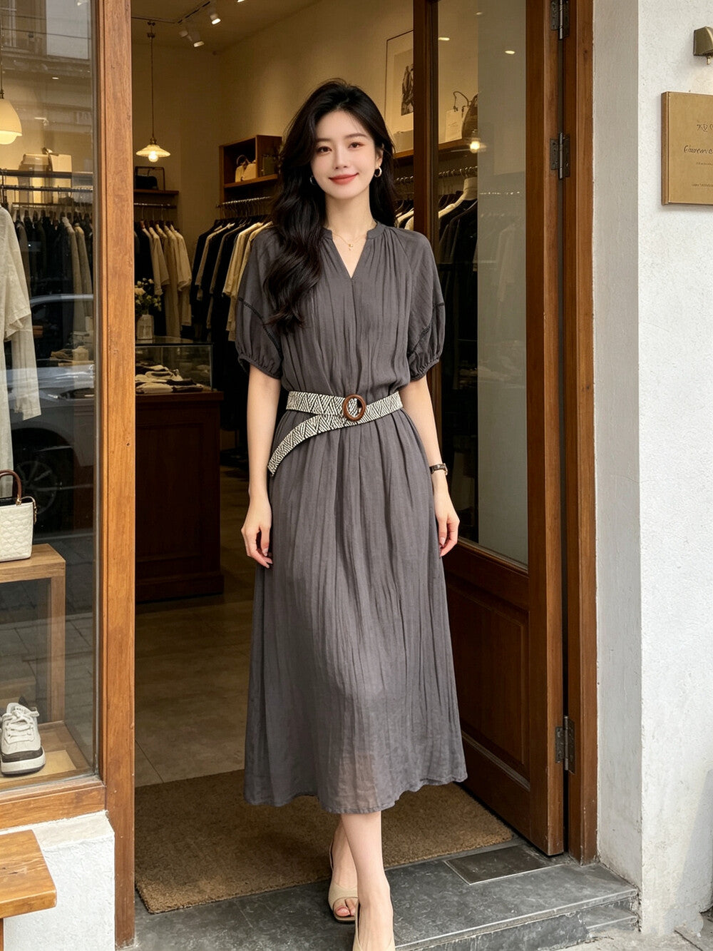 V-Neck Short Sleeve Crinkle Loose Maxi Dress 17