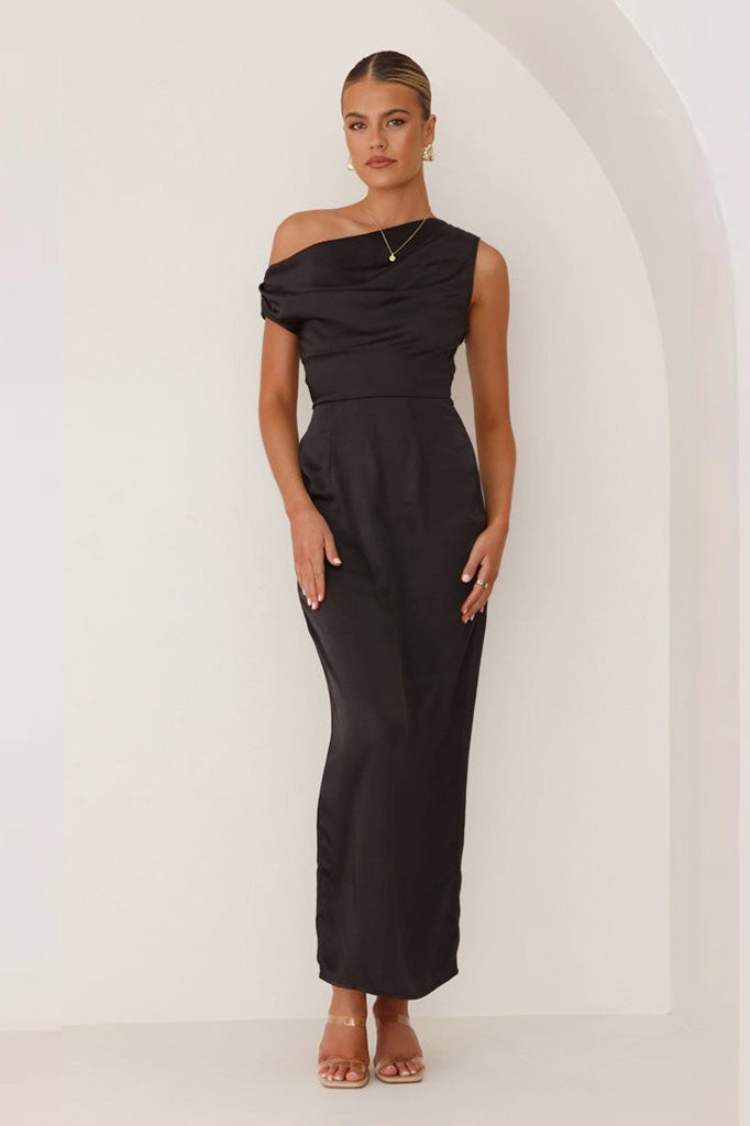 Satin One Shoulder Draped Column Maxi Dress - View 2